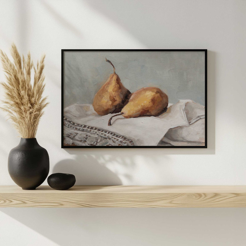 «Pears On A Tea Towel 2» par Miss Mustard Seed, reproduction d'art, H 12 po x l 16 po, Doré