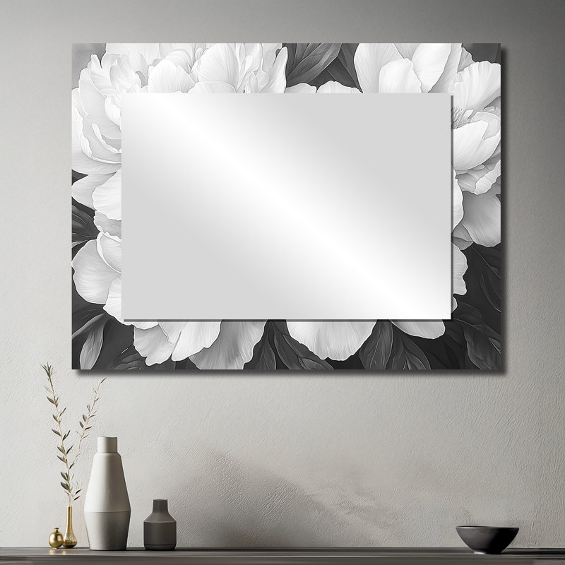 Peonies In Classic Grey II - Floral Accent Wall Mirror - Printed On Metal, 30" x 40"