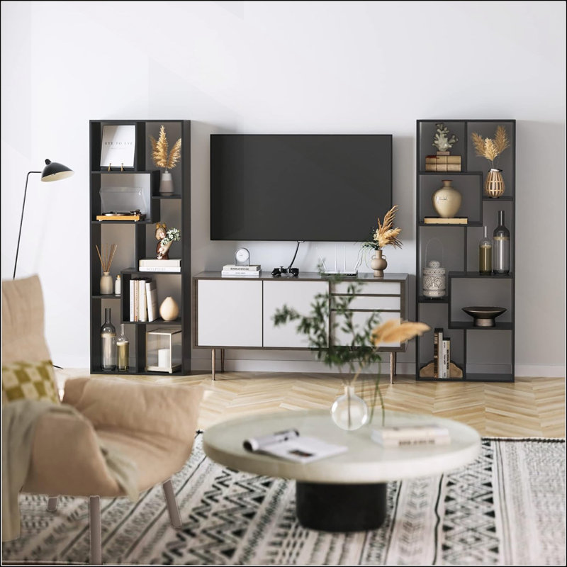 5-Tier Asymmetrical Display Shelf & Bookcase for Efficient Storage and Stylish Room Division, Black