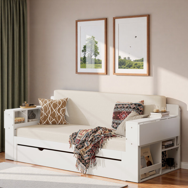 Multifunctional Daybed With Storage Drawer, Open Compartments And Hydraulic Side Table, White