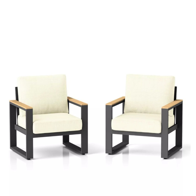 De 2 fauteuils de patio en aluminium avec coussins beiges épais, structure en fondu, siège profond et imperméable, idéal pour les terrasses de patio