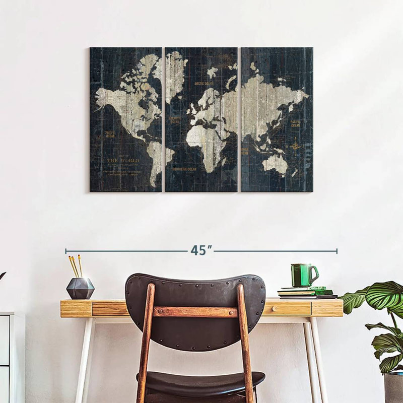 Carte du vieux monde en bleu sur toile, ensemble de 3 pièces, H 38 po x l 24 po x P 1,25 po