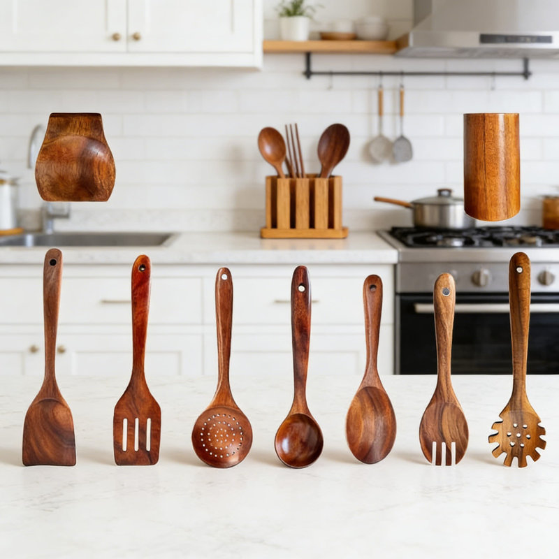 Ensemble d'ustensiles en bois de teck de qualité supérieure - ustensiles de cuisine 9 pièces fabriqués à la main avec spatule, cuillères, louche, support à pâtes et support - résistant à la chaleur, anti-rayures pour batterie de cuisine antiadhésive, facile à nettoyer