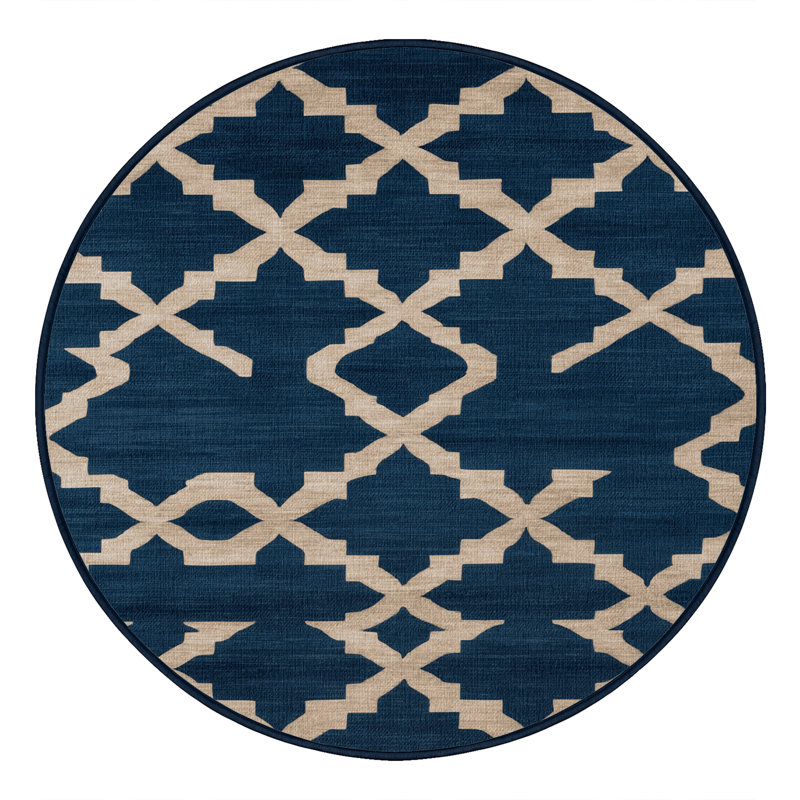 Machine Washable Trellis Blue Area Rug, Round 4'