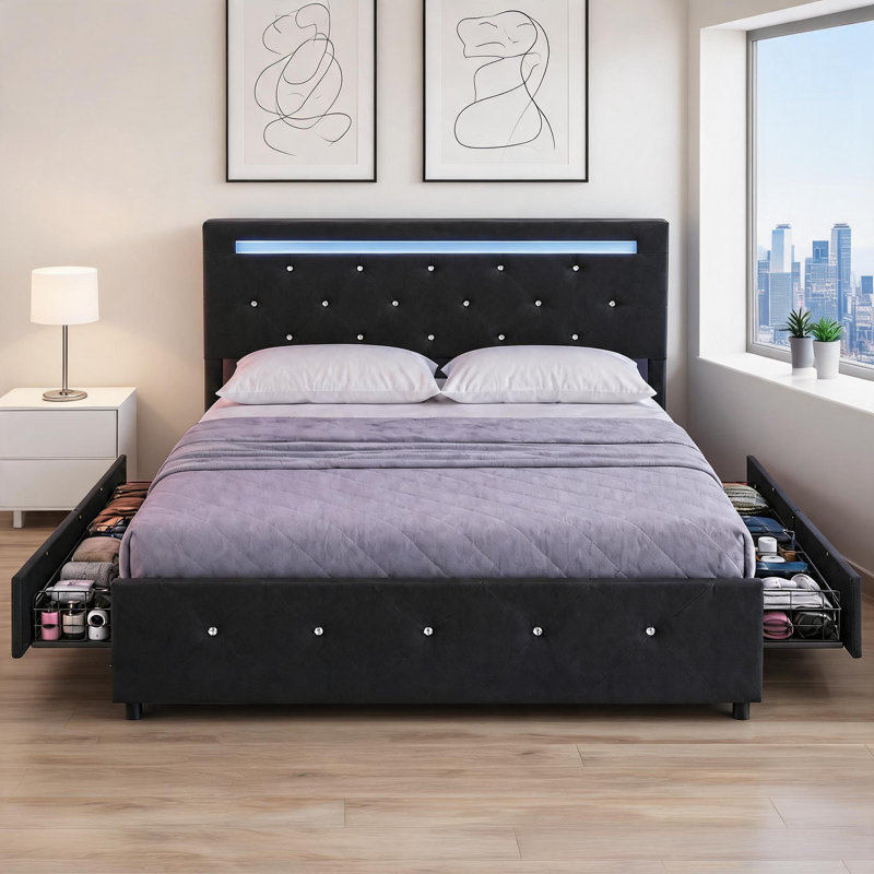 Lit plateforme revêtu de similicuir noir, taille double pour une utilisation quotidienne dans la chambre à coucher, style orné de losanges avec éclairage et rangement à DEL