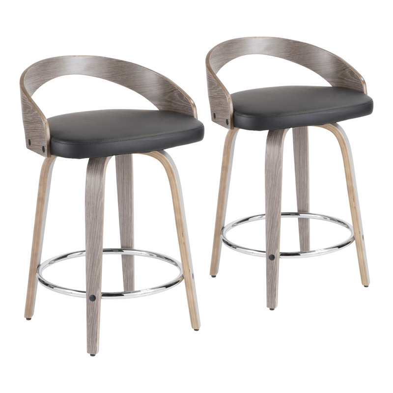 Tabouret de comptoir Grotto Mid-Century moderne en bois gris clair et similicuir noir par Lumisource - 2, Gris, Gris clair