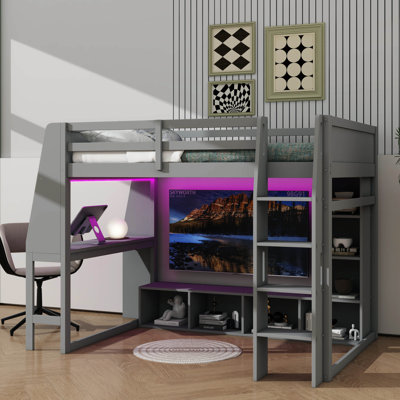 Lit mezzanine double en bois pleine grandeur - Bureau, tablettes de rangement à plusieurs niveaux, éclairage intégré et support à vêtements