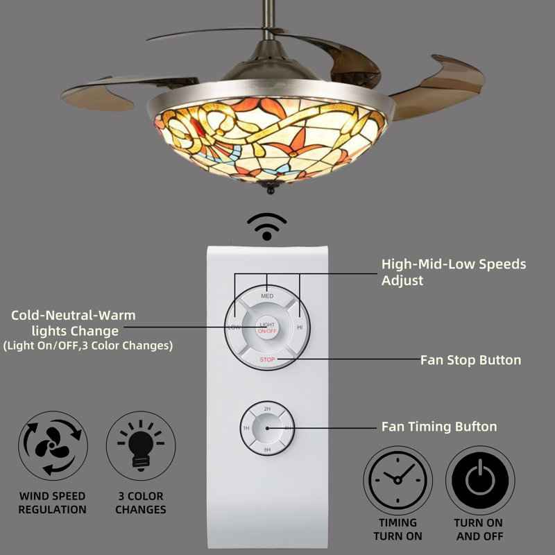 42" American Print Invisible Ceiling Fan with Light, Silver 3-Color LED Dimmable Fandelier