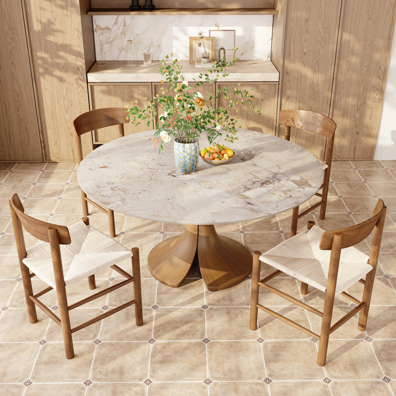 Aurora 47‘’/53‘’/59‘’ Farmhouse Round Sintered Stone Dining Table - Sculptural Solid Hardwood Pedestal For 4-8