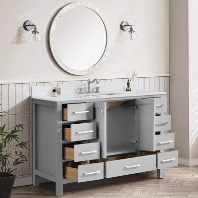 Meuble-lavabo sur pied 48 po, meuble-lavabo autoportant avec comptoir, armoire de rangement en bois massif gris