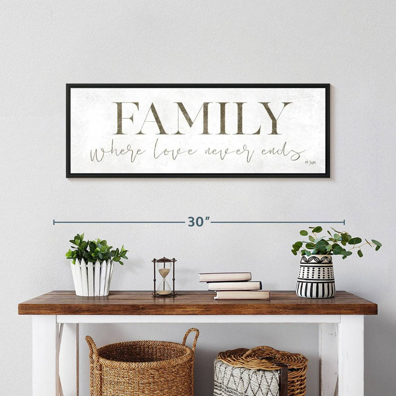 Plaque murale «Family Where Love Never Ends», 28 po x 10 po, Cadre flottant noir