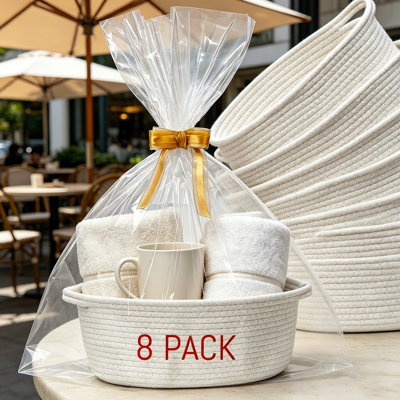 8 Packorganic Cotton Woven Storage Basket, 12"X8"X5" - Includes Gift Bag And Ribbon, Hand-Woven Cotton Rope Handle, Special Empty Decorative Gift Box, Toy Book Clothing Storage Box, Cat/Dog Toy Basket, Plant Pot Cover