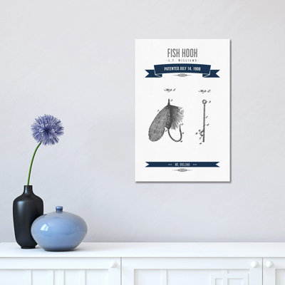 L.Y. Williams Fish Hook Patent Sketch Retro (Navy Blue) by Aged Pixel - Wrapped Canvas Print
