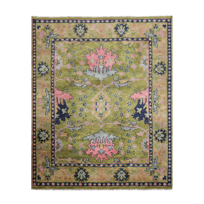 Tapis multicolore en laine noué à la main Oushak William Morris vert, rouille, Rectangulaire 8 pi x 10 pi