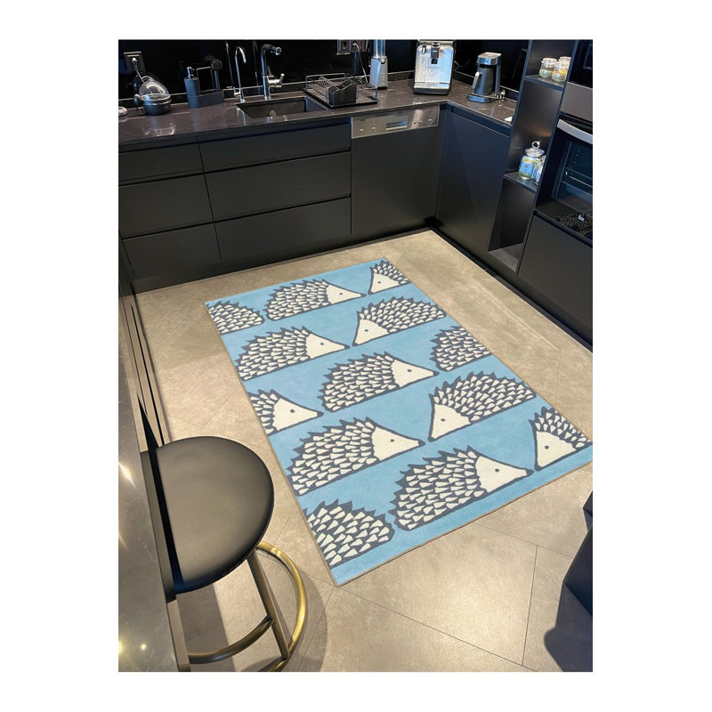 Tapis bleu tissé lavable à la machine à motif hérisson, Sous-tapis carré 4 pi 11 po inclus