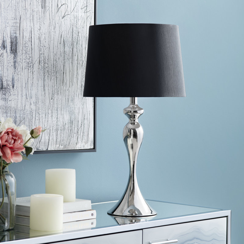 Set Of 2 25.5" Steel Table Lamp W/ Linen Shade, Black, Chrome