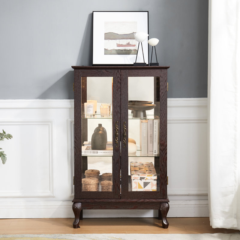 2 Doors Lighted Display Cabinet With Tempered Glass Doors, Adjustable Shelves, Mirrored Back, Cherry American Retro Curio Glass, Lighted, Ornament