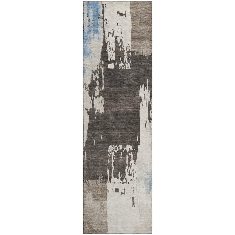 Premium Machine Washable Mayfield AMF2347 Abstract Rug, 2'3" x 7'6" Runner, Brown