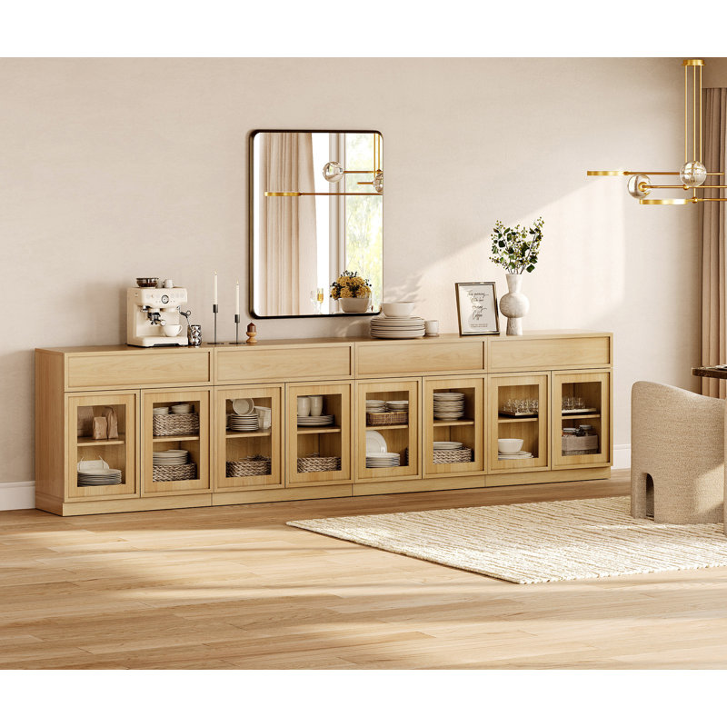 Buffet 126 "avec 8 portes et tiroirs en verre, buffet multifonctionnel avec tablette réglable, Chêne