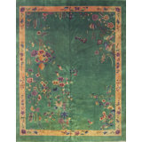 Antique Large Room Size Chinese Art Deco Hand Knotted Pile Green Rug