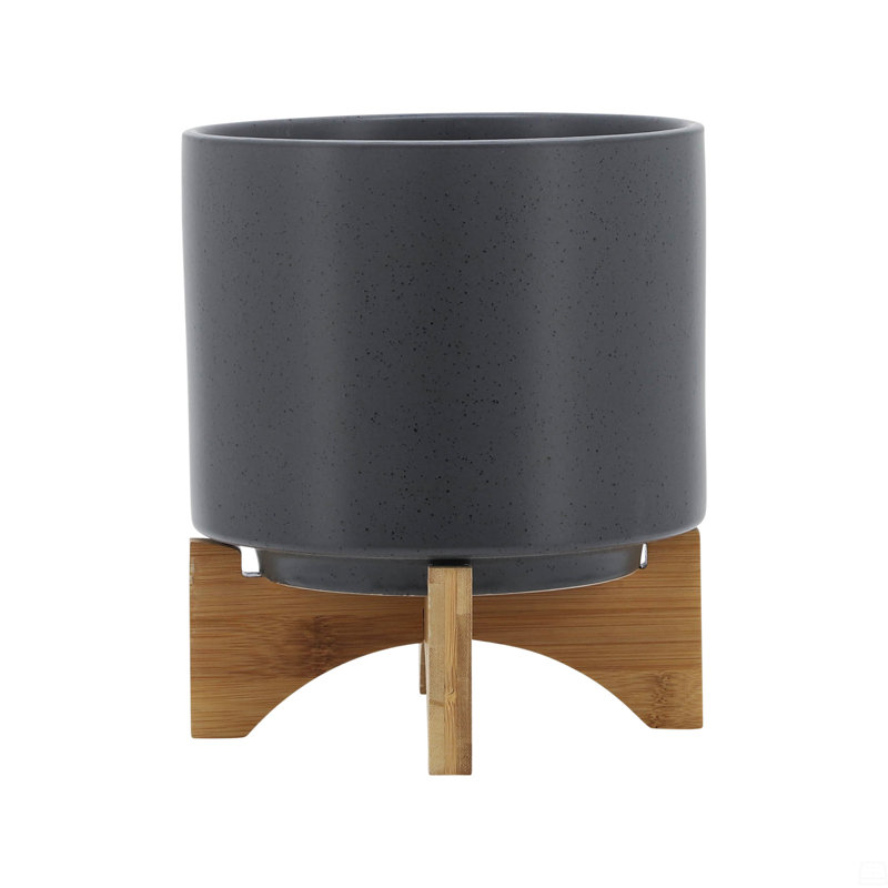 8" Planter W/ Wood Stand, 9" H x 8" W x 8" D