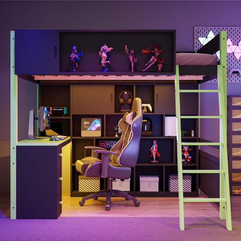 Full Size Wood Loft Bed with Built-in Desk, Storage Shelves and LED Light, Space-Saving Design, Green, Green/Black