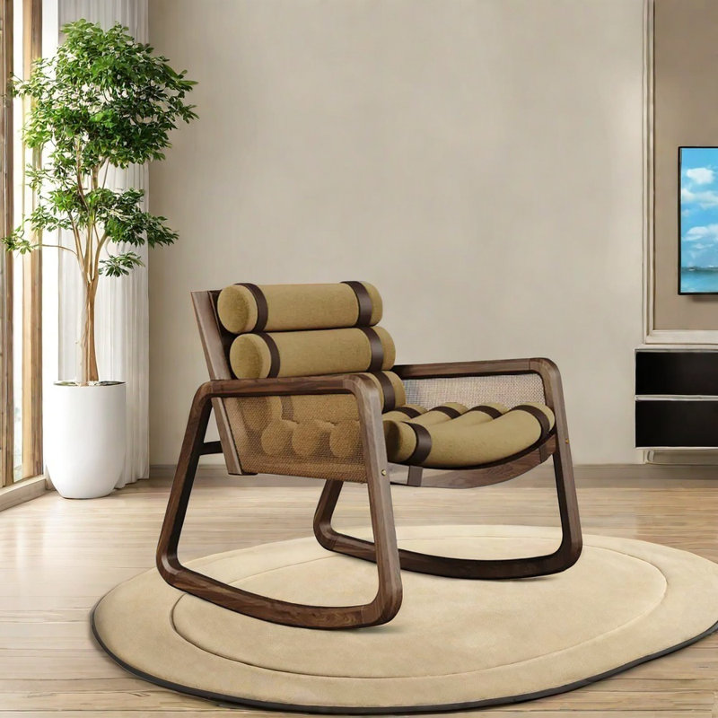 Chaise berçante élégante en bois de frêne, Jaune, Brun