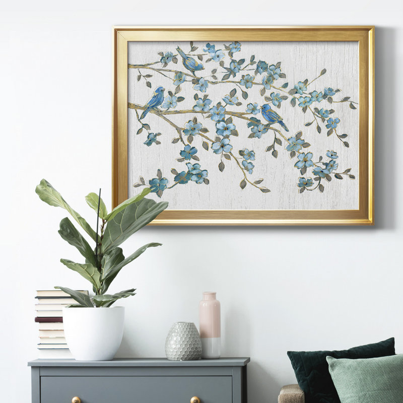 «Blooming Bluebirds», reproduction encadrée de qualité supérieure - prête à être accrochée, H 30,5 po x l 42,5 po x P 1 po