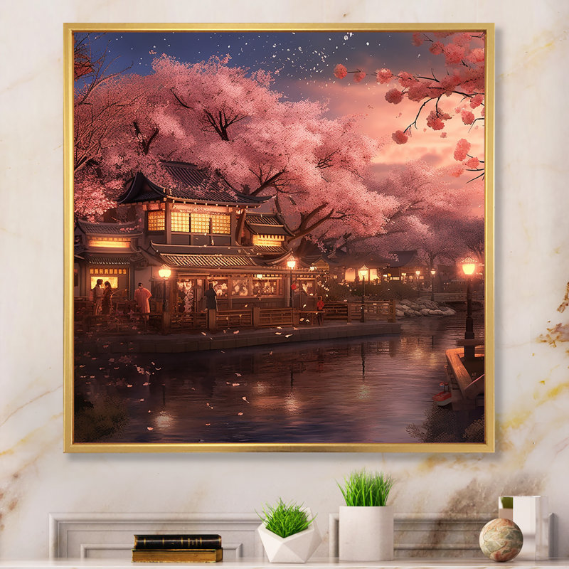 «Japanese Sakura Landscape Evening», reproduction d'art sur toile, Cadre flottant doré, H 30 po x l 30 po x P 1 po