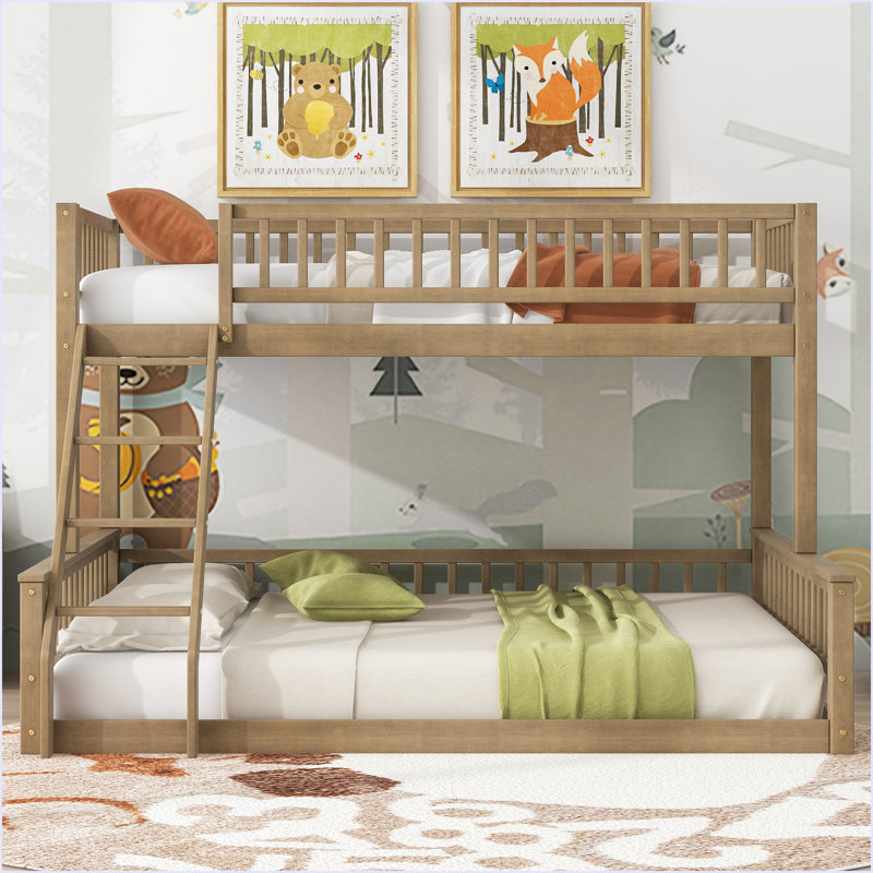 Bunk Bed With Ladder And Guardrails, Walnut, Twin XL Over Queen