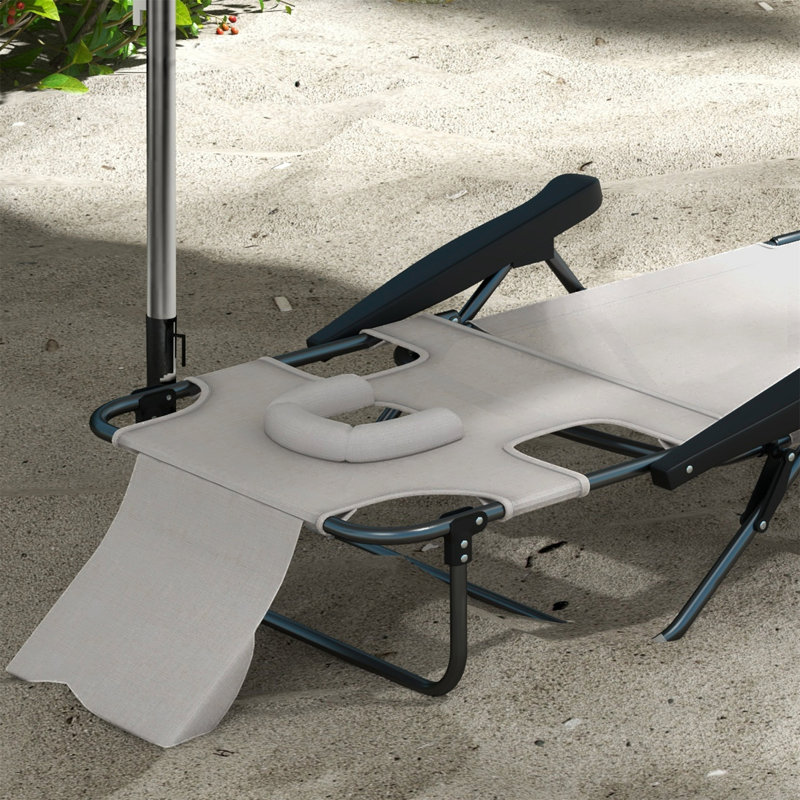 Outsunny Tanning Chaise Lounge Chair, 4-Position Beach Chair With Face & Arm Holes, Pillow Headrest, Adjustable Sunbathing Chair