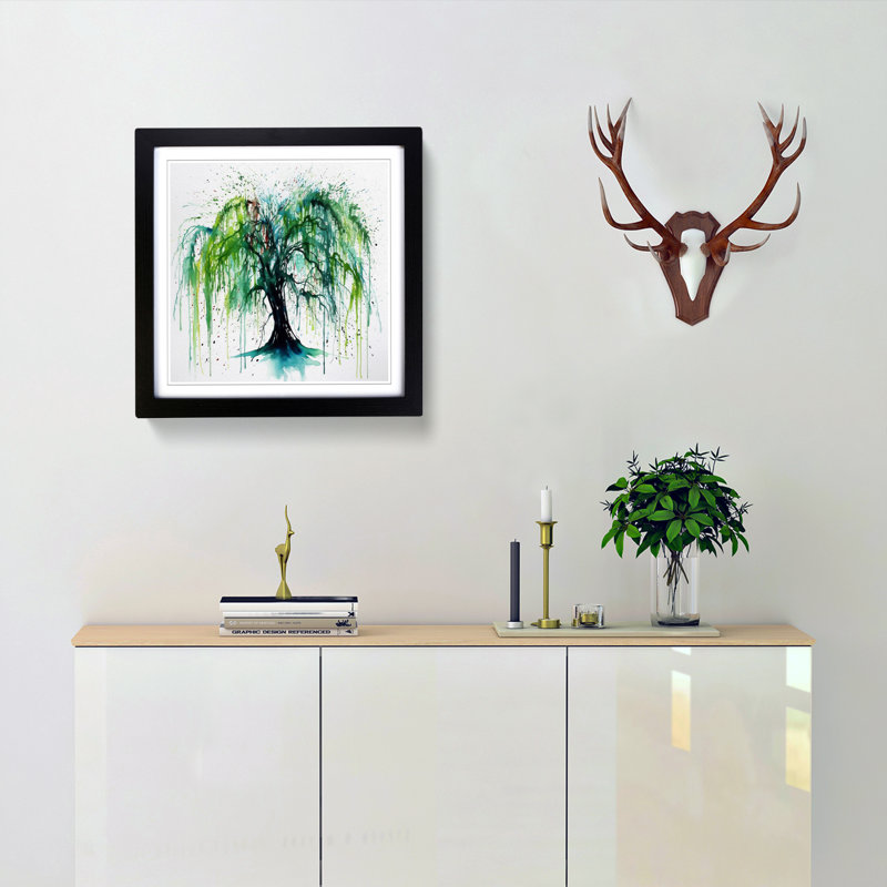 Weeping Willow Splatter Art - Single Picture Frame Print on Wood, Black