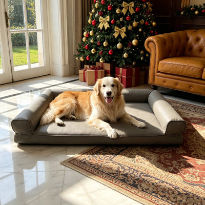 Lit orthopédique imperméable pour grands chiens, canapé-lit en similicuir facile à nettoyer avec coussin en forme de U, mousse de soutien de 8 cm et fond antidérapant, 117 x 90 cm