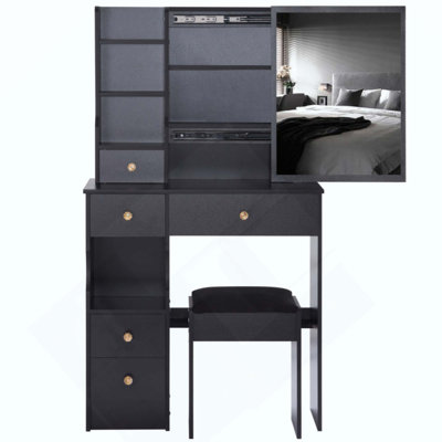 Small Space Left Drawer Desktop Vanity Table + Cushioned Stool, Extra Large Right Sliding Mirror, Multi Layer High Capacity Storage, Practical Fashionable Dresser, Suitable For Small Space