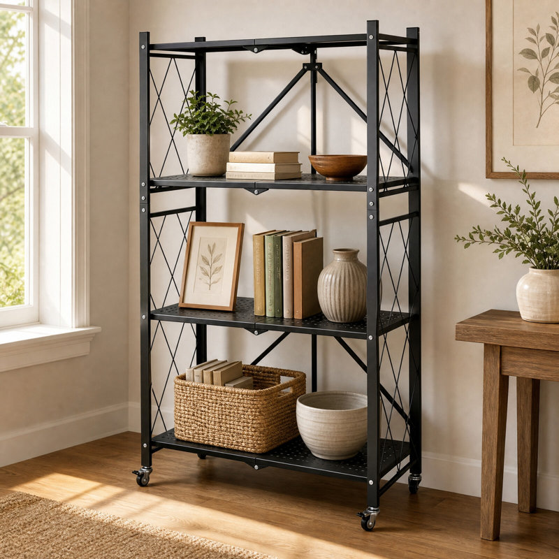 Tablette de rangement pliable en métal à 4 niveaux avec roulettes, chariot roulant pliable, capacité de 90 lb, pour garde-manger, garde-robe et organisation de bureau
