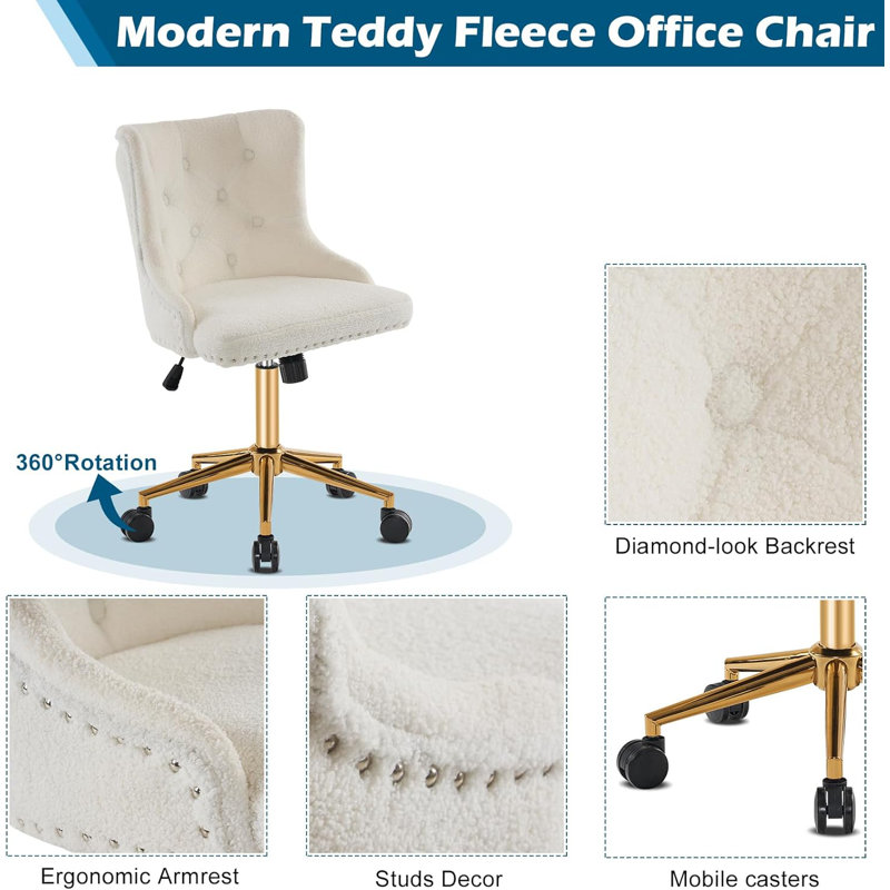 Matthias Task Chair Office Chairs Makeup chair, Gold, Teddy Velvet White