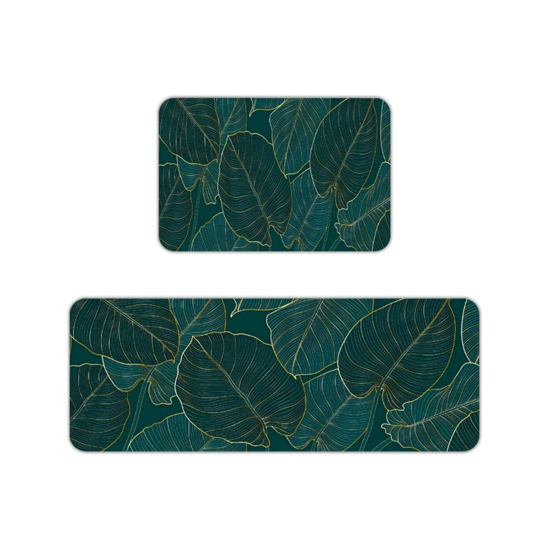 Tapis de cuisine vert foncé à feuilles dorées, ensemble de 2 tapis élégants pour la cuisine et le vestibule