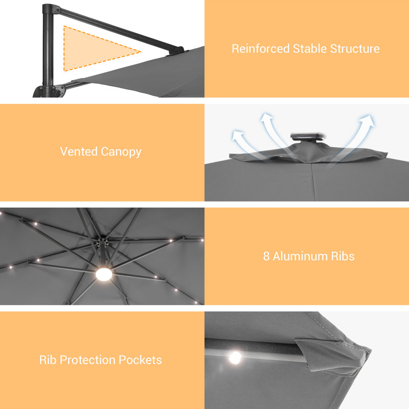 Ronnett 120'' x 96'' Rectangular Lighted Cantilever Umbrella, Gray