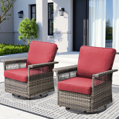 2 chaises de patio, chaise berçante pivotante, gris / rouge, accoudoirs de 5 pouces, coussin épais - durabilité à long terme, rotation à 360 degrés, disposition des sièges confortables pour un espace de détente