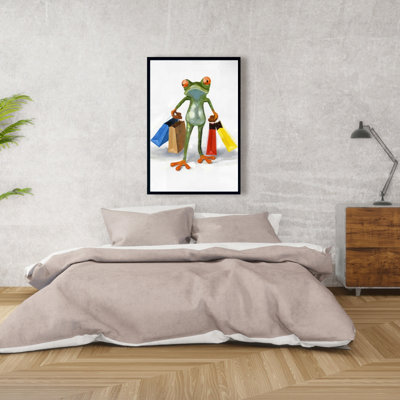 «Drôle de grenouille avec sacs à provisions»