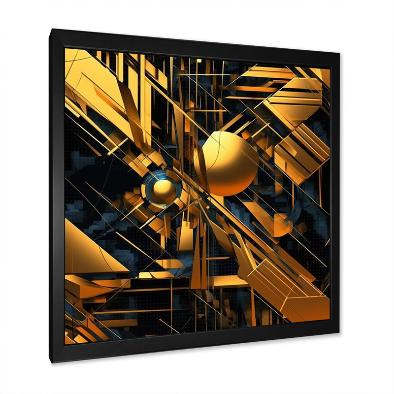 «Sharp Gold and Black Geometric Wonders III», reproduction sur toile encadrée, Cadre simple noir, H 16 po x l 16 po x P 1 po