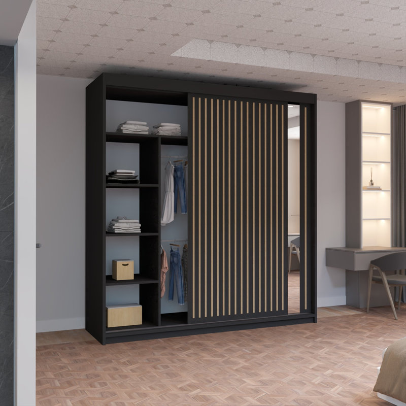 Moscow Sliding Wardrobe with Mirror Modern Bedroom Wardrobe 4 Colours 3 Sizes, 217cm H x 203cm W x 62cm D, Black