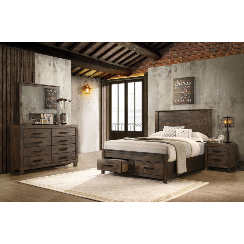 Gurmaan 4-Piece Eastern King Storage Bedroom Set with Nightstand, Dresser and Mirror, Golden Brown, King