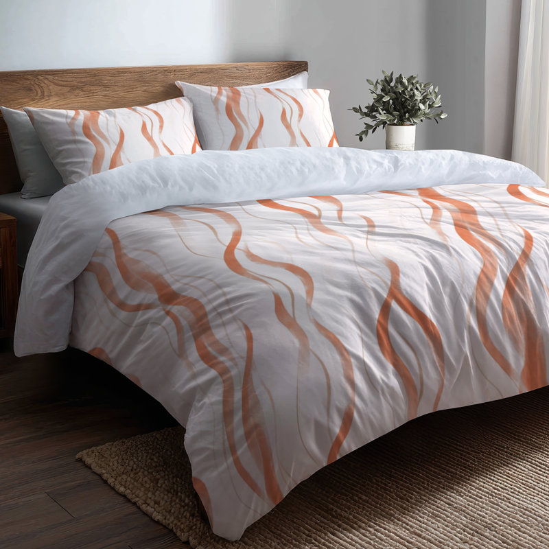 Ensemble de literie moderne de 3 pièces - Ensemble de housse de couette et coussin décoratif abstrait orange et blanc Terra Lines