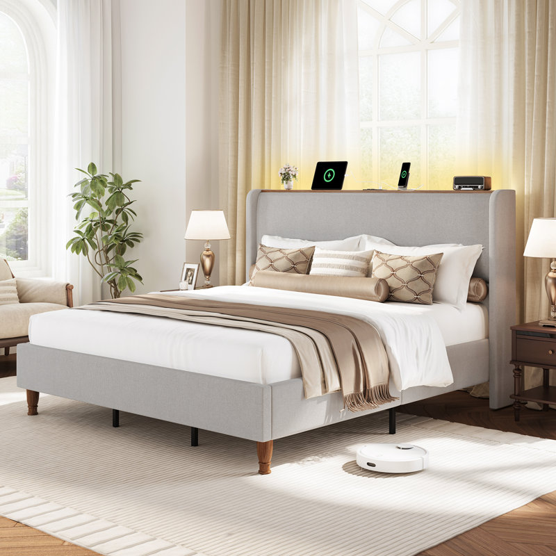 Upholstered Platform Bed With Wingback Headboard,  Bed Frame With Led Lights & Charging Station, Gray, Gray, King