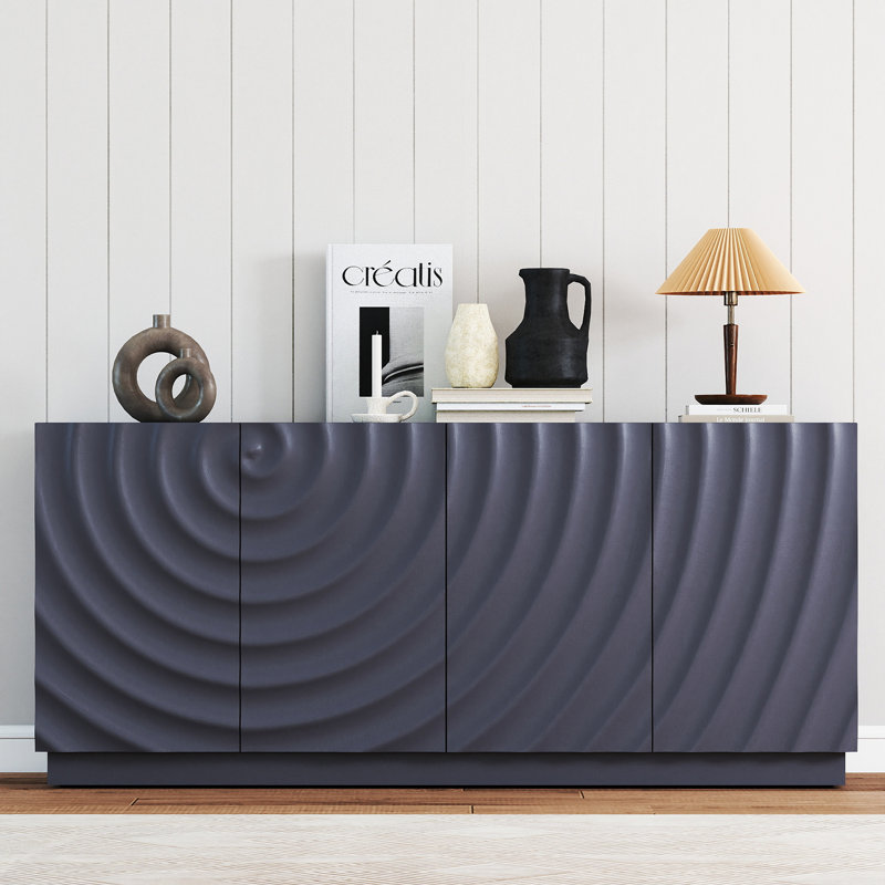 59" Sideboard with Spiral Grain Accent, 4-Door Modern Buffet Cabinet for Kitchen or Living Room Storage, Blue, Blue