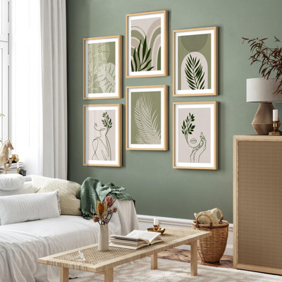 Art mural encadré, ensemble de galerie, ligne botanique verte, plante minimaliste, nature sauvage, illustrations modernes, décoratives, colorées pour le salon, la chambre à coucher, le bureau