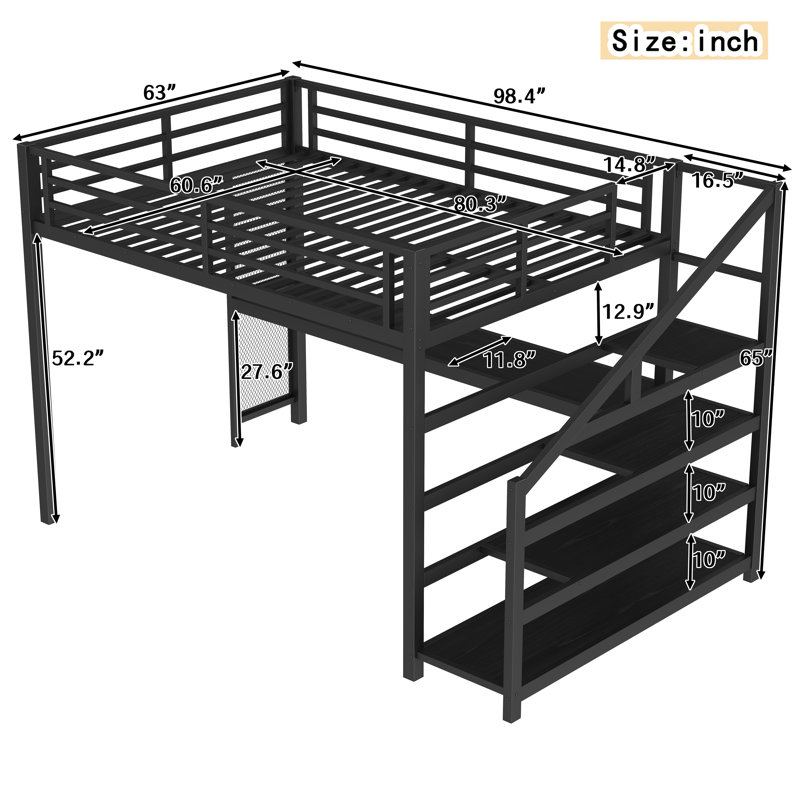 Queen Loft Bed with Desk & Storage Stairs, Metal Loft Bed with LED Lights, USB Ports, Noise-Free, Black