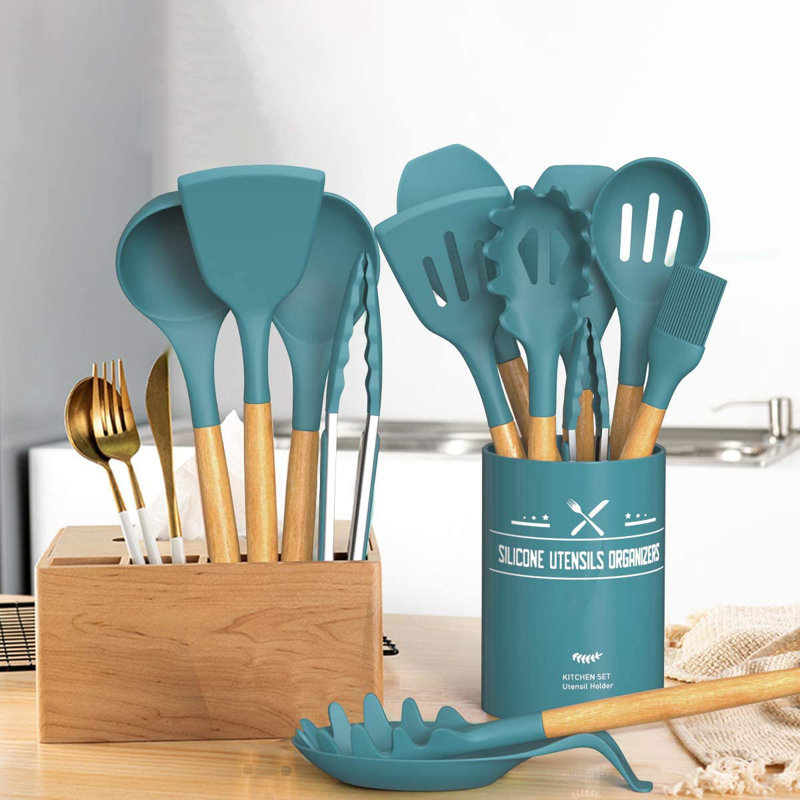 Ensemble d'ustensiles de cuisine Chef 33 pièces, ensemble de spatules antiadhésives en silicone avec support,, Bleu