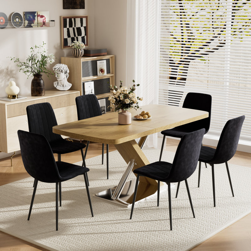 Ensemble de table de salle à manger rectangulaire extensible, Noir, noir, noir, noir, 7, Naturel